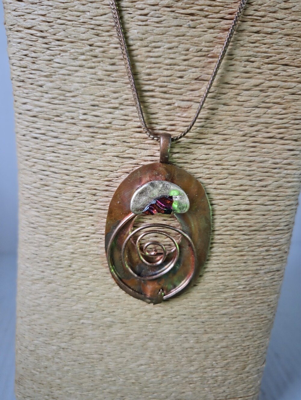 Vintage Signed Modernist Flame-Painted Copper Statement Pendant Necklace